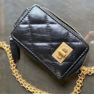 CHANEL Quilted Coin Purse with Chain Black Leather Like New